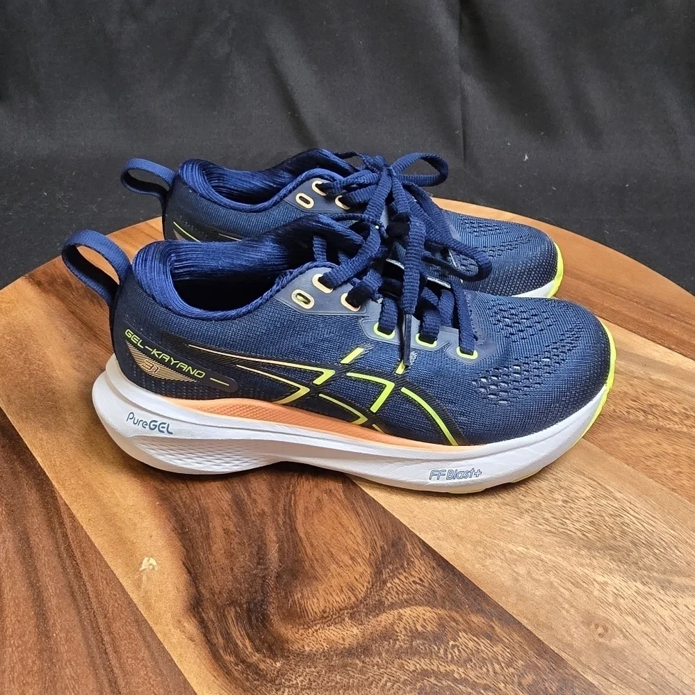 Asics Kids Gel Kayano 31 Pure Gel Running Shoes Blue, yellow, orange  Size 1.5